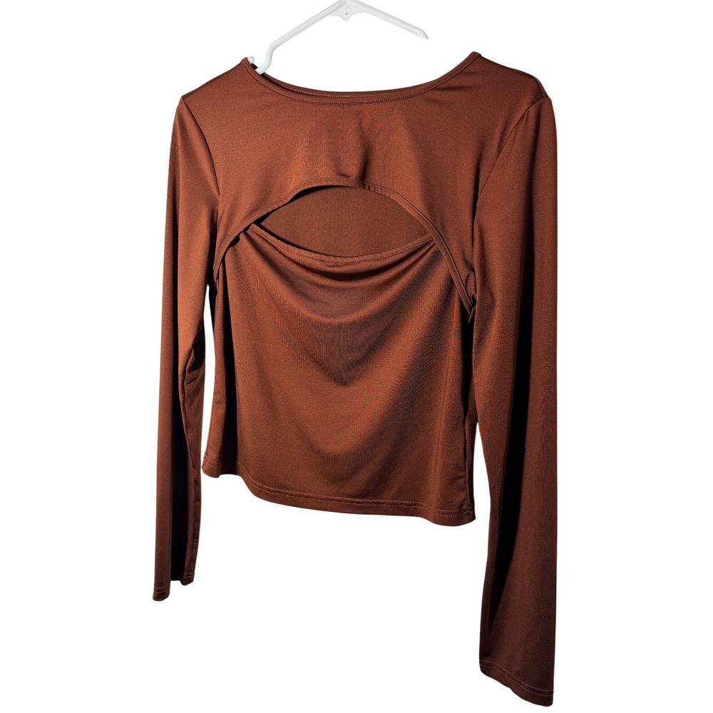 ROMWE Women's Size L Brown Cutout Front Keyhole Long Sleeve Crop Top Y2K